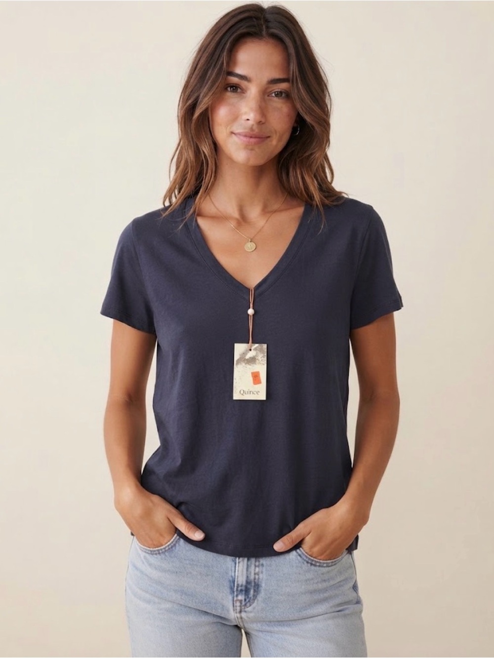Quince Navy V-Neck Short Sleeve Tee